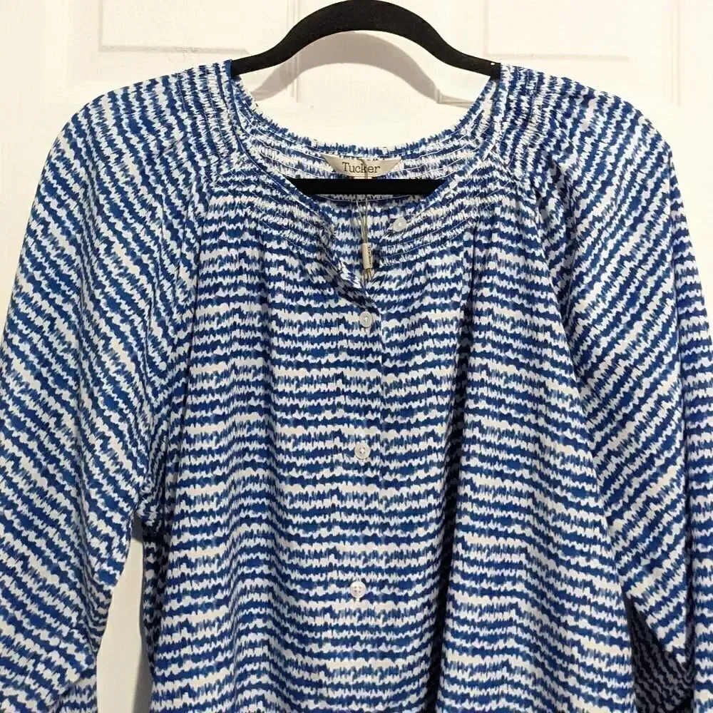 Tucker The Classic Blouse Cobalt Sound in Silk Cotton Striped Motif Blue White